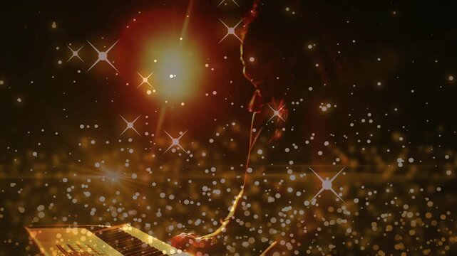 Female keyboardist playing keys for music set, spotlight cue revealing profile amid bokeh stars