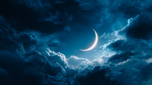 Crescent moon emerging through dramatic storm clouds in night sky