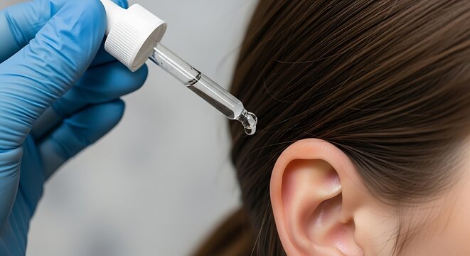 A gloved hand applying ear drops to a woman's ear in a medical setting.