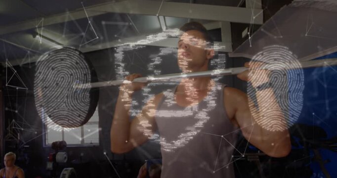 Man lifting barbell, training shoulders, causing AR overlay forming padlock prints obscuring him