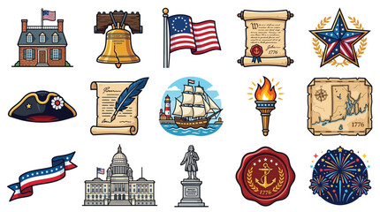 Collection of American Independence Day symbols and historical icons, including buildings, flags, and artifacts. © GJ