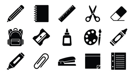A collection of black and white icons representing various school and office supplies, arranged in a grid. © GJ