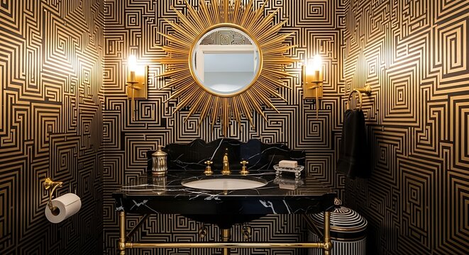 Luxurious Art Deco Inspired Bathroom with Gold and Black Geometric Wallpaper and Ornate Mirror.