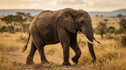 Fototapeta premium Majestic African Elephant Walking Through Golden Savanna Grasslands at Sunrise with Long Curved Tusks