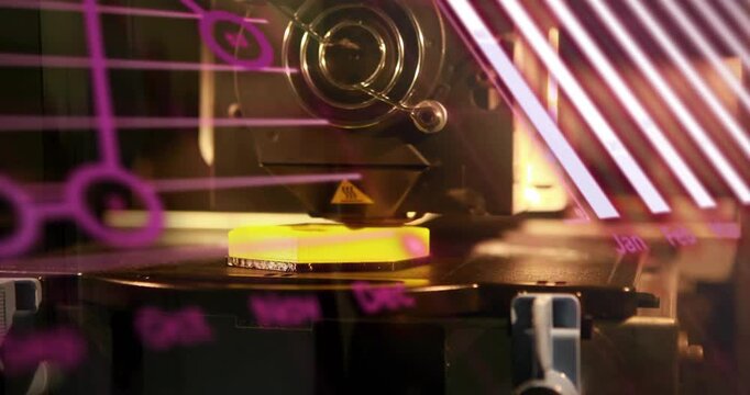 3D printer hotend and yellow part lowering, extruding layers, building part while magenta UI moving