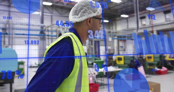 Factory worker gripping pallet jack, pushing crate while blue HUD showing charts for safety check