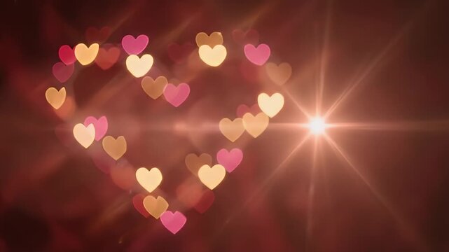 Abstract heart shape bokeh lights on dark red background for Valentine's Day concept