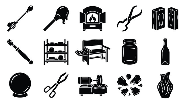 Collection of Black Silhouettes Representing Various Tools and Objects Associated with Glassblowing and Craftsmanship.