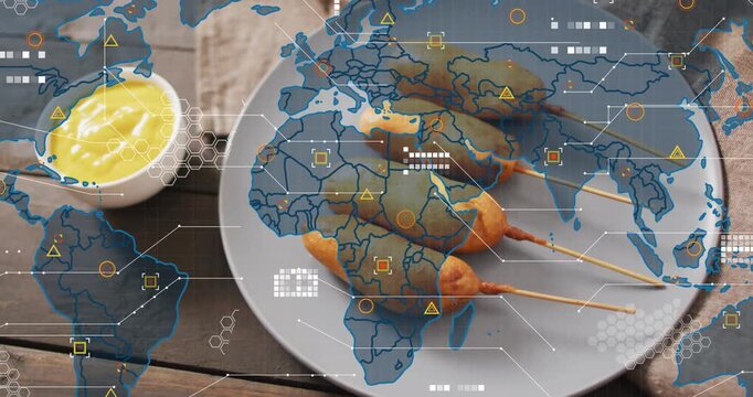 Plate holding 4 corn dogs, map overlay appearing over plate, expanding, layering HUD for marketing