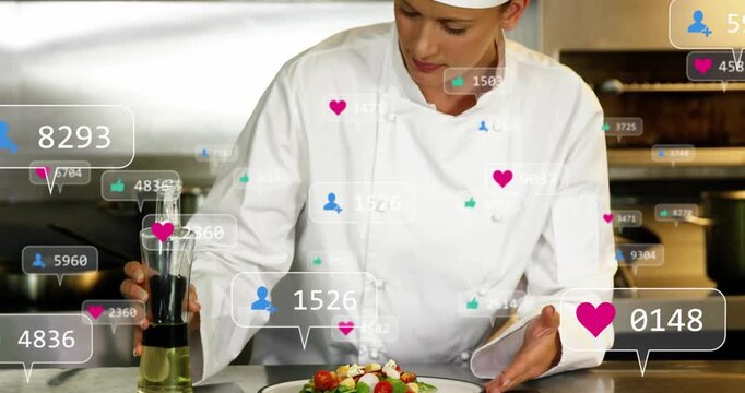 Chef pouring oil at steel counter, sparking hearts avatars counters as finishing salad for culinary