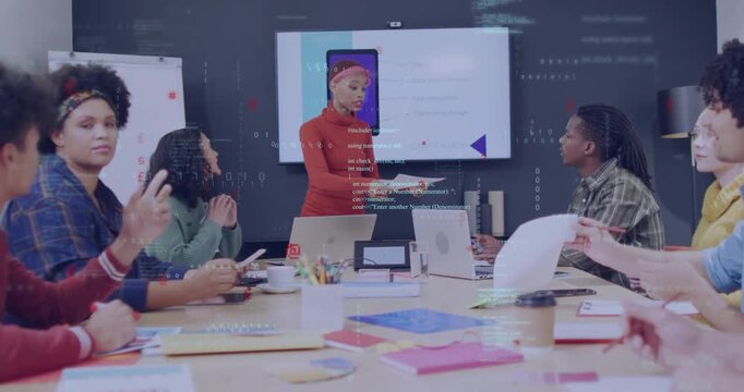 Presenter leading tech meeting, showing smartphone mockup and handing handouts, team reviewing app