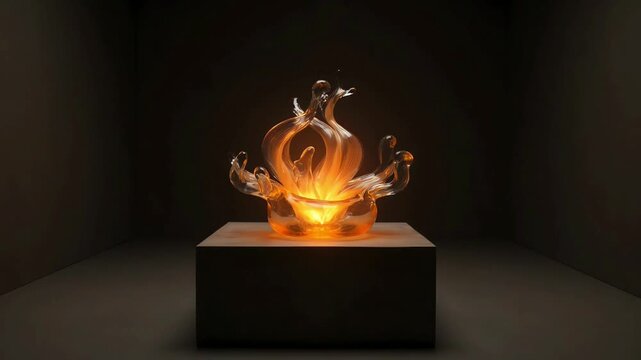 無機質な博物館に展示されたガラスの造形が内側から温かく発光し、その光の核心へとズームインする映像,Generative AI