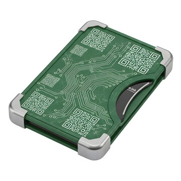 Green circuit board with silver connectors close up Isolated on transparent background
