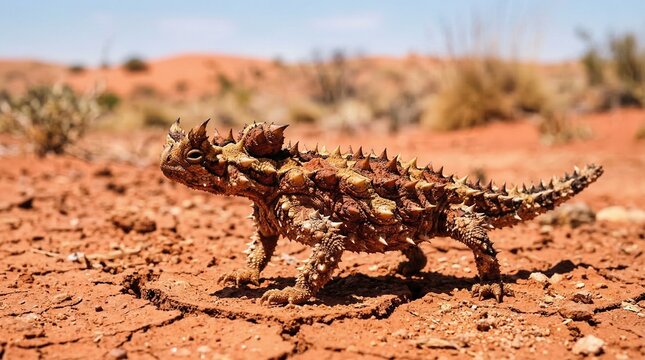 Thorny Devil Lizard with Spiky Skin Roaming on Cracked Red Earth in Arid Desert.