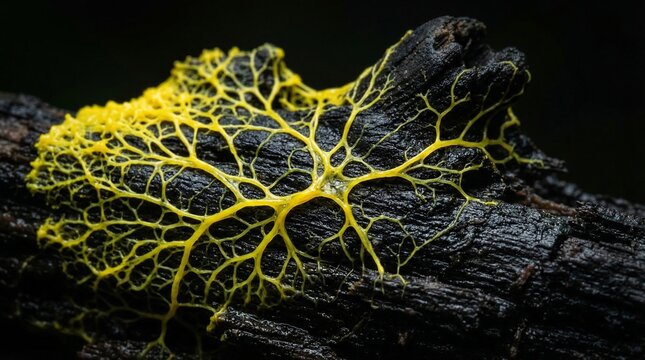 Intricate Yellow Slime Mold Network Physarum Polycephalum Growing on Dark Wood