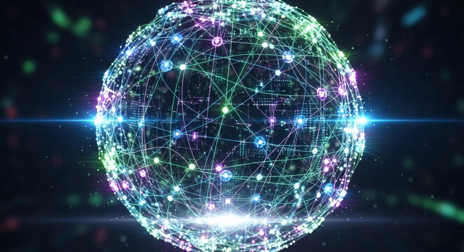 Abstract representation of a futuristic global network sphere, illustrating interconnected data points and digital communication pathways within a technological ecosystem