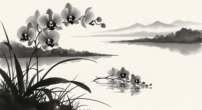 Serene Traditional Ink Wash Landscape with Flowers and Water.