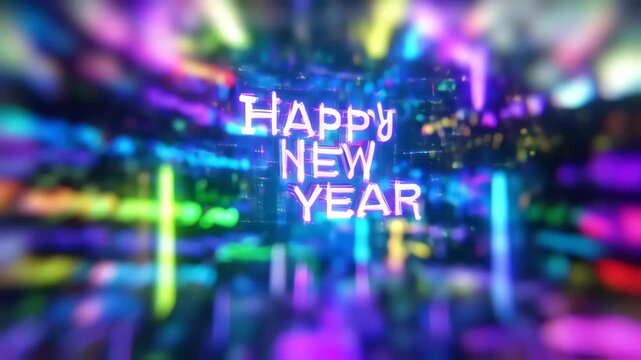 Happy New Year Neon Lights Celebration Background Animation.