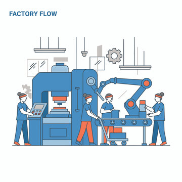 Illustration of an automated production line in a modern factory, showcasing robotic arms and human workers in a streamlined manufacturing process