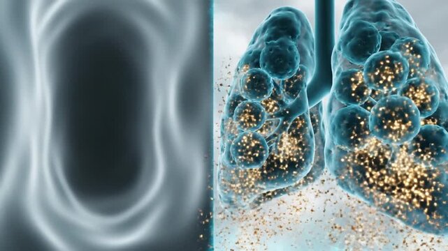 Precision Medicine for Respiratory Health, Microscopic Alveoli Gas Exchange Simulation with Glowing Oxygen Particles for Biopharma Tech Campaigns