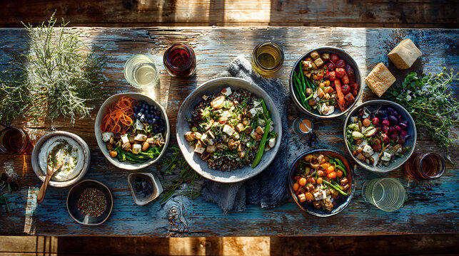 Sunlit table holds assorted fresh bowls. Veggies, grains, and herbs fill each dish. Wooden surface shows rustic, weathered texture. Natural light casts soft shadows across scene