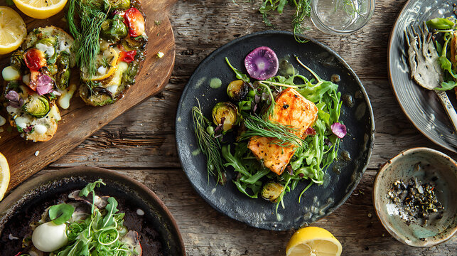 Fresh salmon fillet with greens and lemon on dark plate. Wooden board holds roasted vegetables and herbs. Lemon wedge and scattered herbs enhance rustic appeal. Natural wood table adds earthy