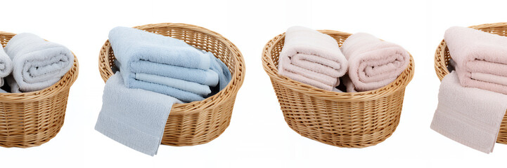 Obraz premium Four wicker baskets with rolled towels in different pastel colors