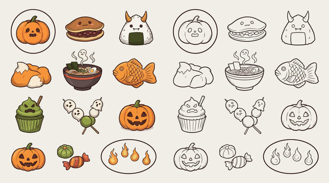 A collection of cute, cartoon-style Japanese Halloween-themed food and character illustrations, featuring pumpkins, sweets, and traditional snacks.