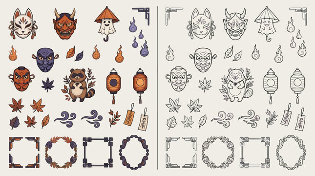 Collection of Japanese folklore-inspired graphic elements, including masks, spirits, lanterns, leaves, and decorative borders, presented in both color and outline styles.