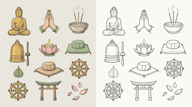 Collection of Buddhist symbols and icons, including Buddha statues, prayer hands, incense, bells, lotus flowers, and Dharma wheels, presented in both colored and line art styles.