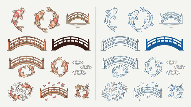 Collection of Japanese Koi fish and traditional arched bridges, presented in both colorful and line art styles, evoking a serene and artistic aesthetic.