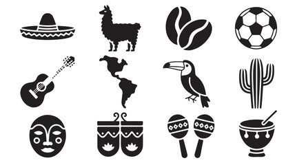 Black glyph icons of latin american culture and symbols vector illustration on white © MDABDUR