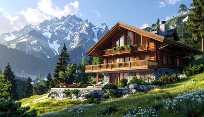 Fototapeta premium Modern wooden chalet with large windows overlooking snowy alpine mountains in summer
