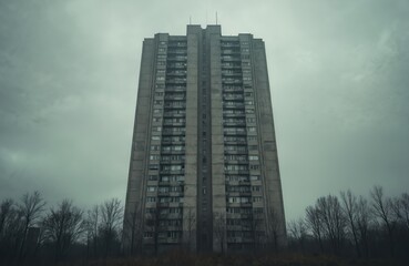 Fototapeta premium Tall concrete apartment building facade looms under grey overcast sky. Bare trees stand before old Soviet style residential block. Urban architecture detail.