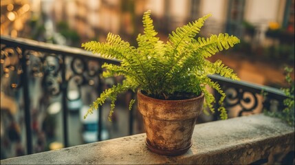 Fototapeta premium Vibrant fern plant in rustic pot on balcony ledge overlooking a charming urban street during sunset, showcasing nature's beauty and tranquility