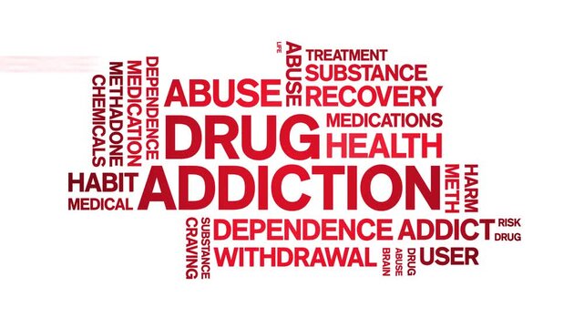 Drug Addiction animated word cloud-text design animation tag kinetic typography seamless loop.