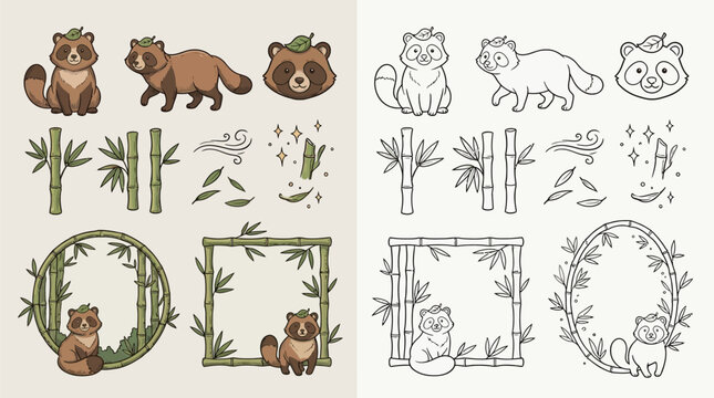 Cute Raccoon Dog Illustrations with Bamboo Elements and Decorative Frames.