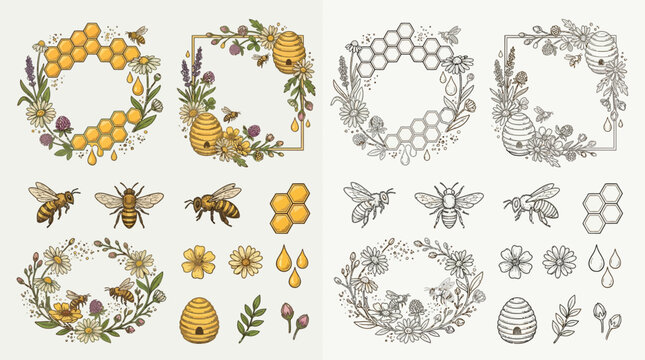 Collection of colorful and monochrome illustrations featuring bees, honeycombs, beehives, flowers, and honey drops, presented in wreaths and individual elements.