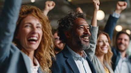 Obraz premium Diverse business team celebrates their success together in a bright office environment during a team meeting
