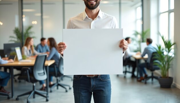 Man smiles holding white blank paper in office. Colleagues work at tables in background. Modern workspace with plants and windows. People collaborate on project.
