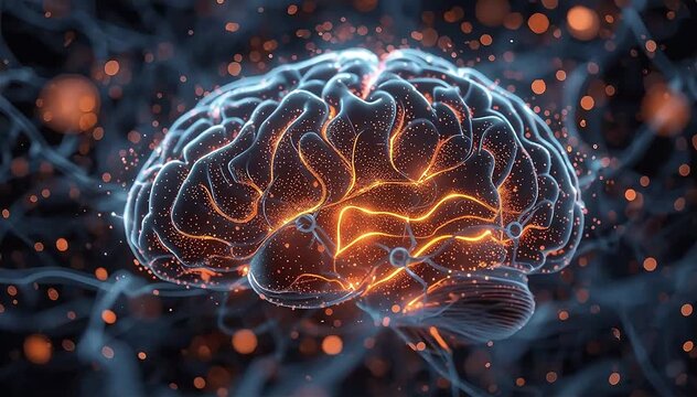 Macro shot inside a digital brain where glowing data particles stream continuously through synaptic channels connecting neuron clusters