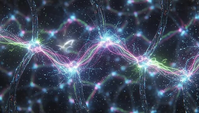 Extreme macro shot of artificial synaptic junctions releasing bursts of glowing electric energy as signals transfer between digital neurons