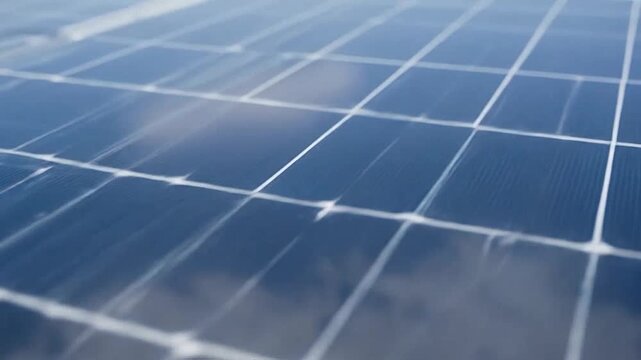 Close-up view of a solar panel surface reflecting the sky