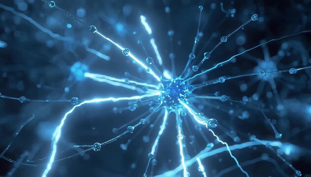 Extreme close-up of multiple artificial synapses triggering sequential signal cascades across a digital neural network, glowing impulses traveling rapidly from node to node like a chain reaction