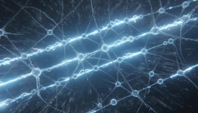 Extreme close-up of multiple artificial synapses triggering sequential signal cascades across a digital neural network, glowing impulses traveling rapidly from node to node like a chain reaction