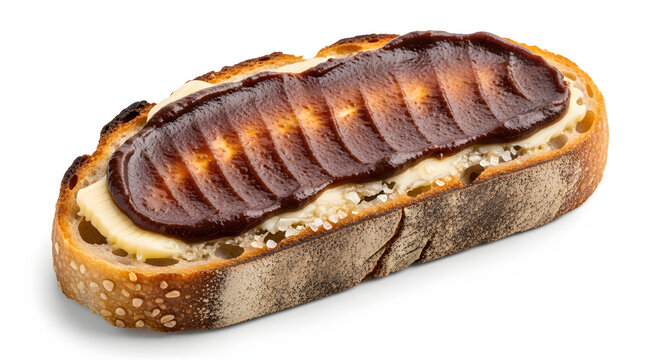 A slice of toast spread with traditional dark Australian yeast extract and butter, isolated on a white background