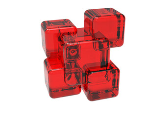 Naklejka premium Abstract Ruby Red Glass Cube Assembly with Internal Refractions and Complex Caustics on Black Background