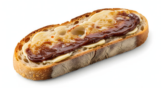A slice of toast spread with traditional dark Australian yeast extract and butter, isolated on a white background
