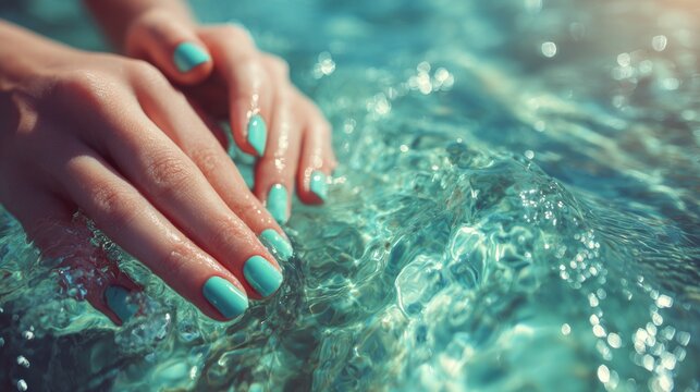 Female hands with turquoise manicure touching sea water during summer vacation at the beach in bright sunlight