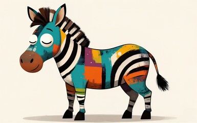 Fototapeta premium Colorful zebra with artistic stripes and cheerful expression stands